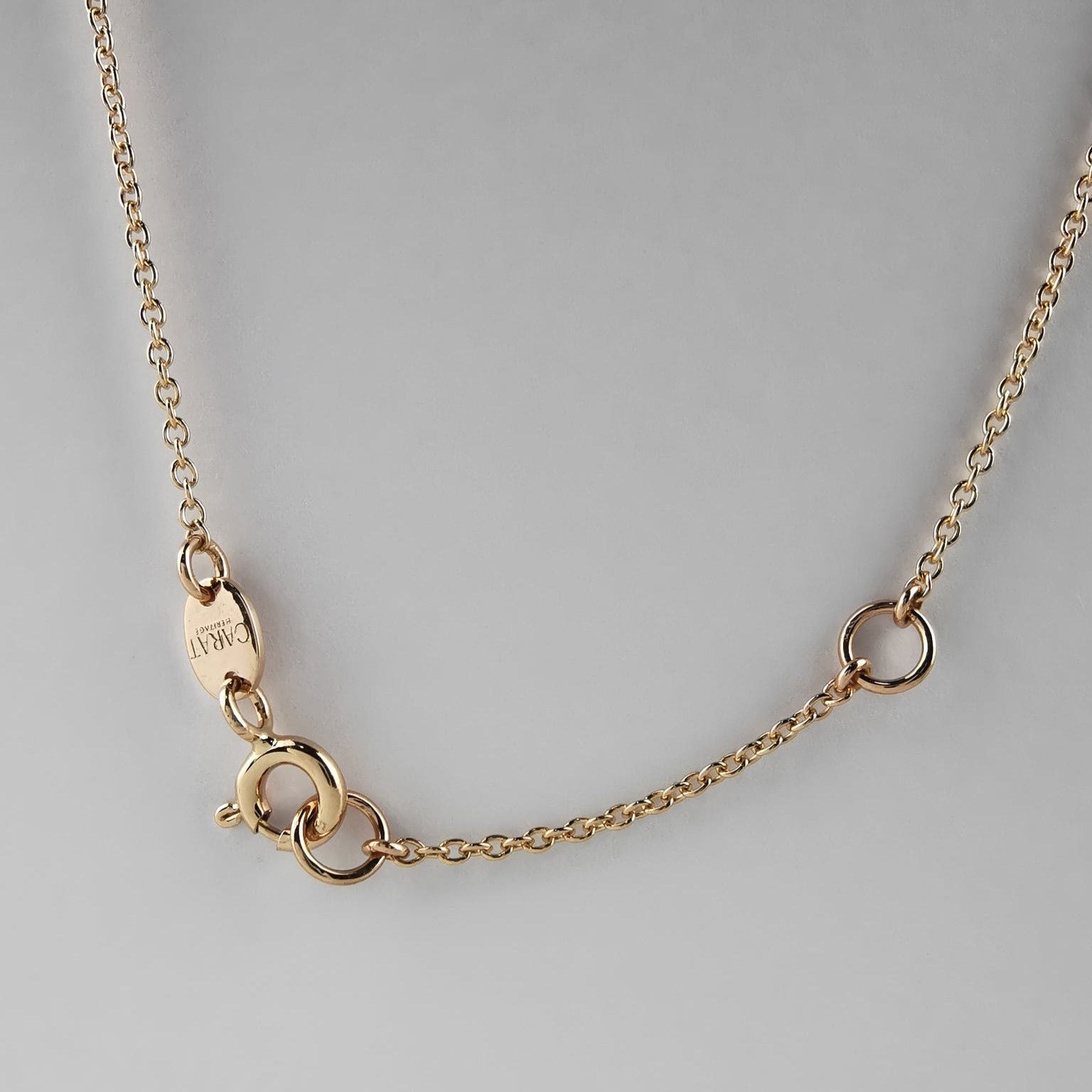 Gold necklace with a clasp on a light gray background