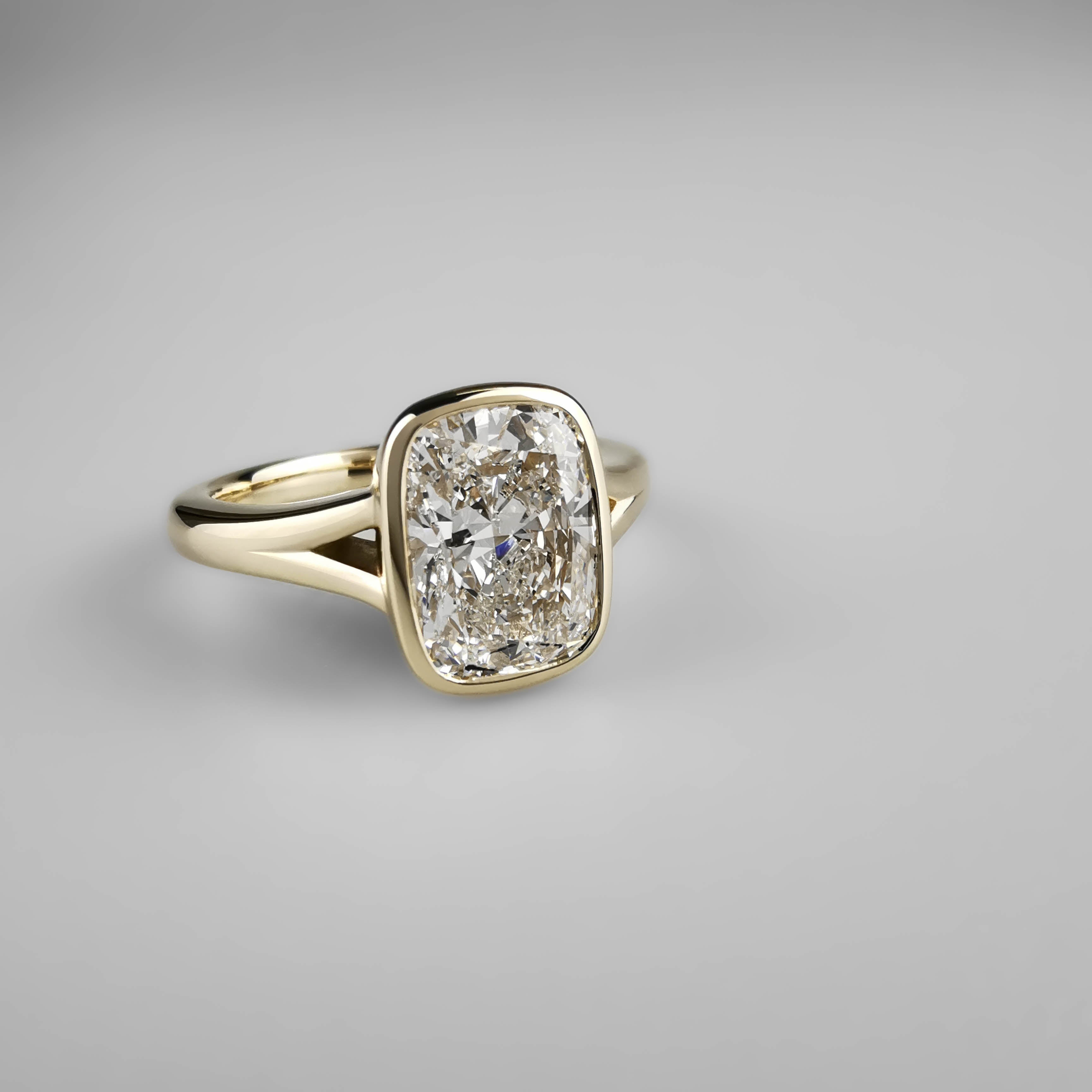 Yellow Gold Cushion Diamond Bezel Ring with Split Shank side view