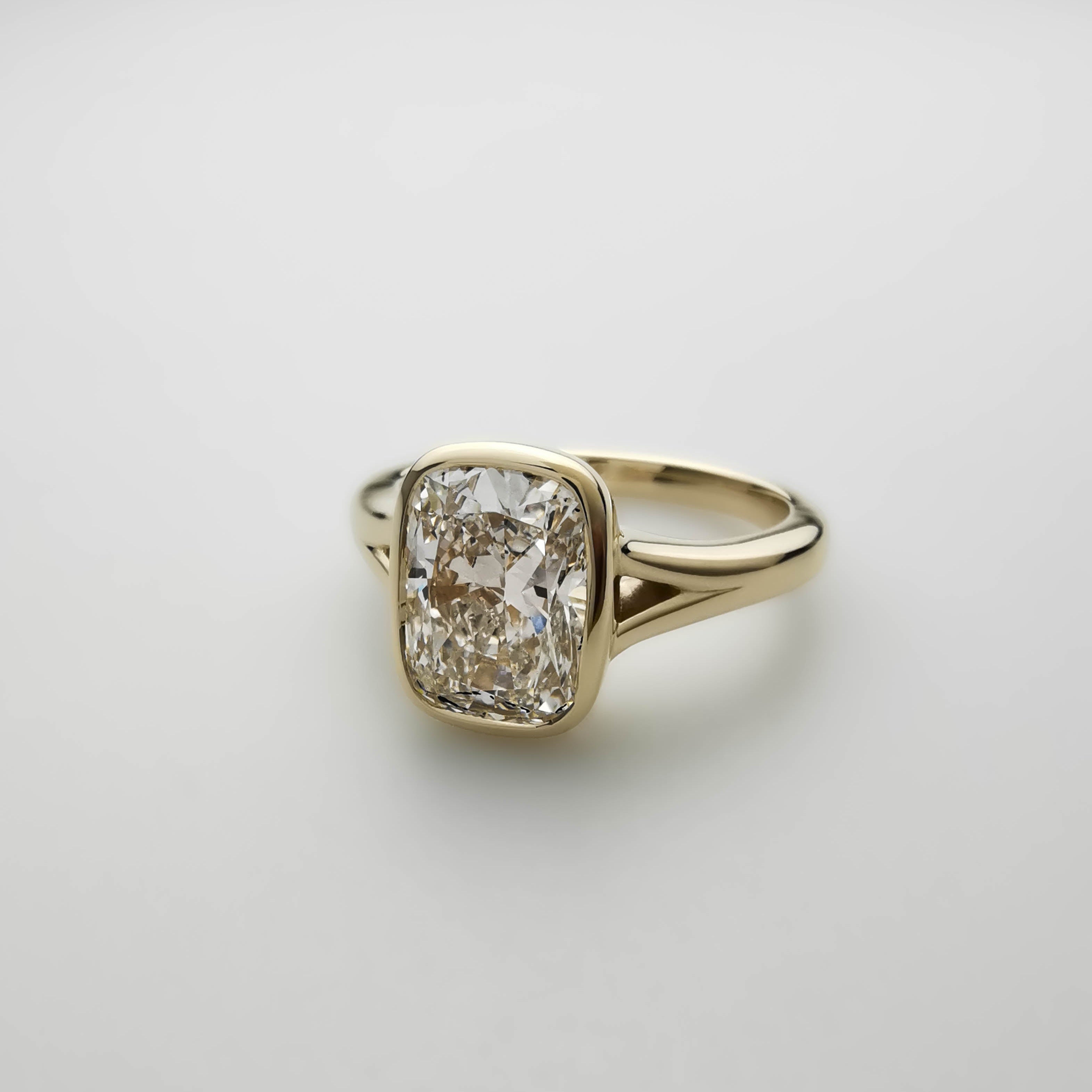 Yellow Gold Cushion Diamond Bezel Ring with Split Shank