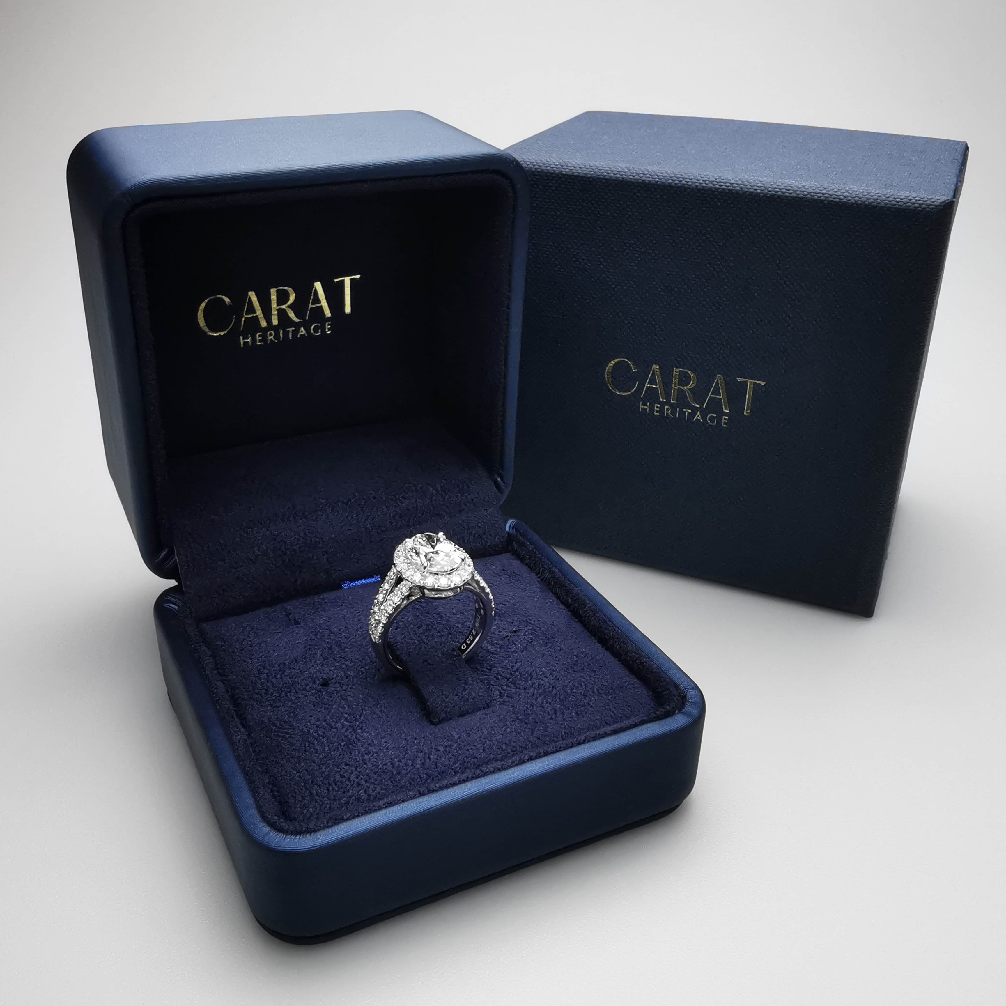 Oval Halo Split Shank Ring 2.5ct in ring box