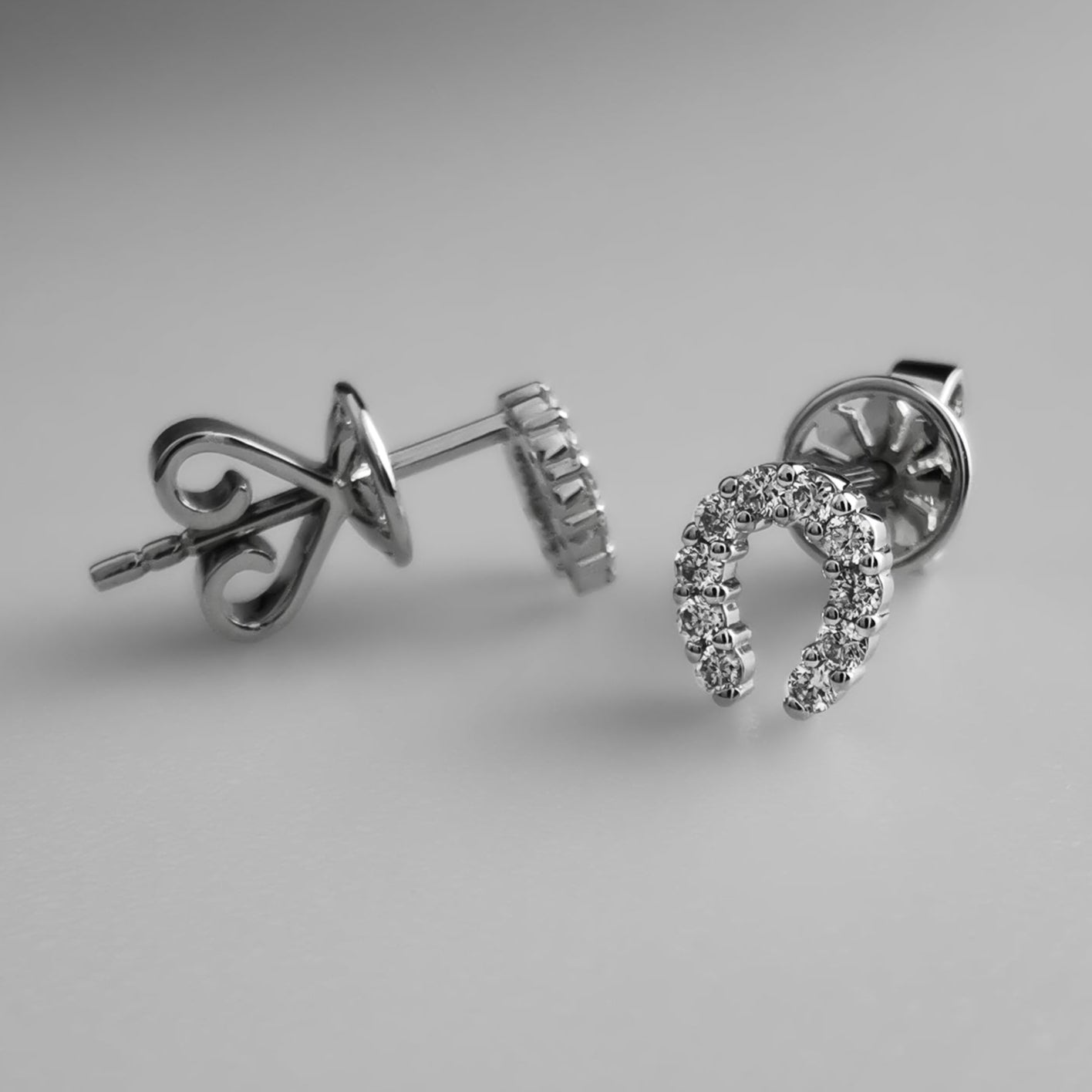 Diamond Horseshoe Ear Studs White Gold with secure Backing