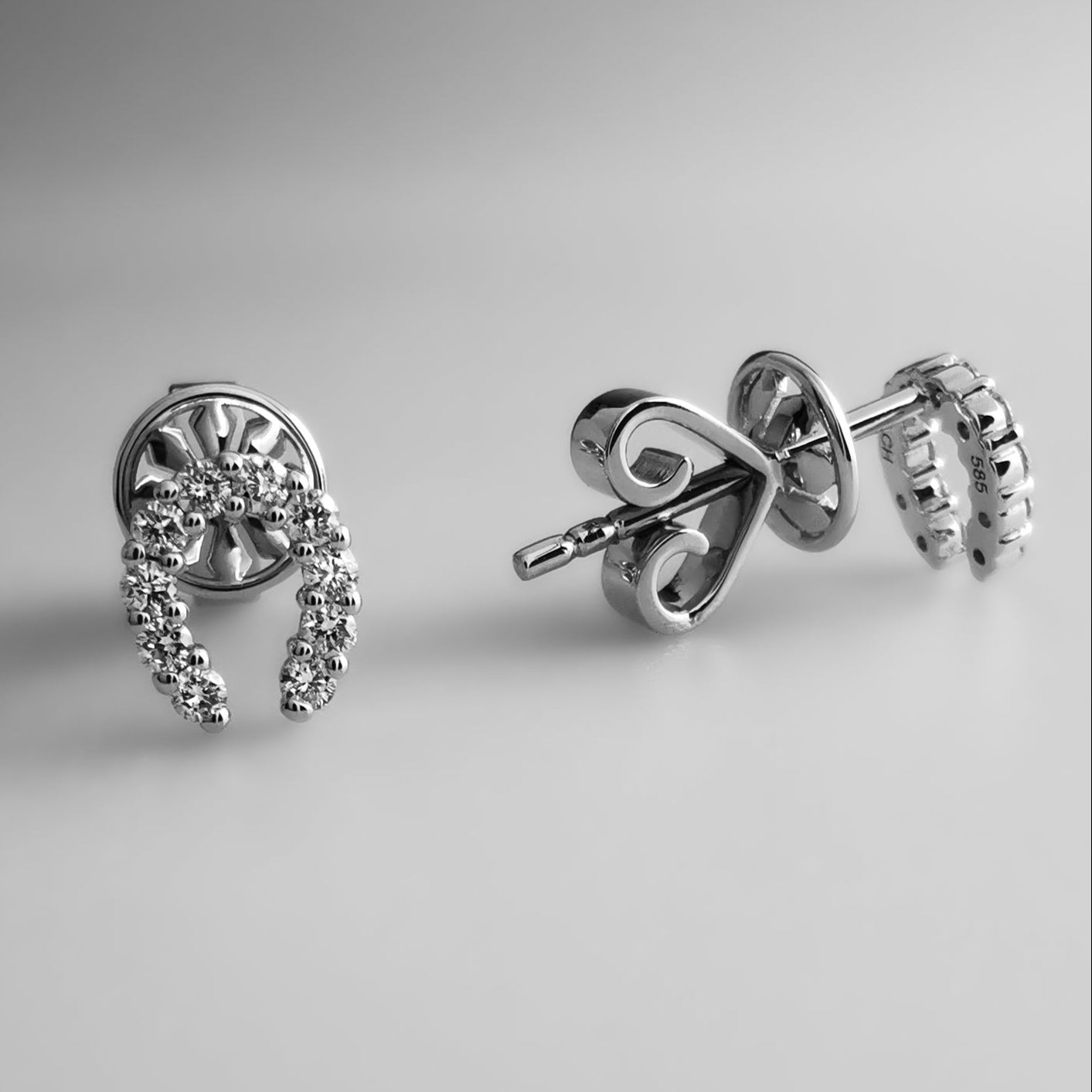 Diamond Horseshoe Ear Studs with heart shaped backing