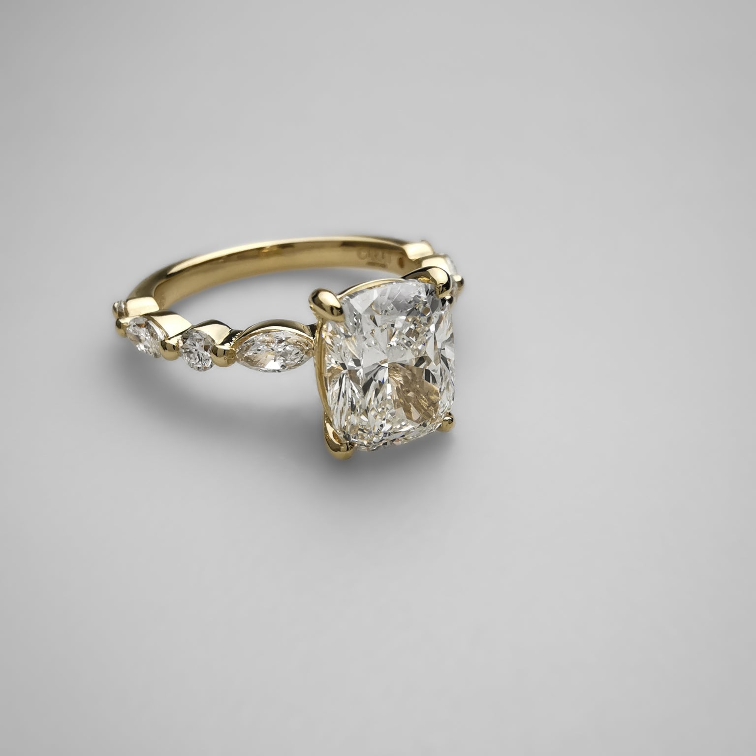 1.5ct cushion cut diamond yellow gold ring side view marquise round diamond pave band