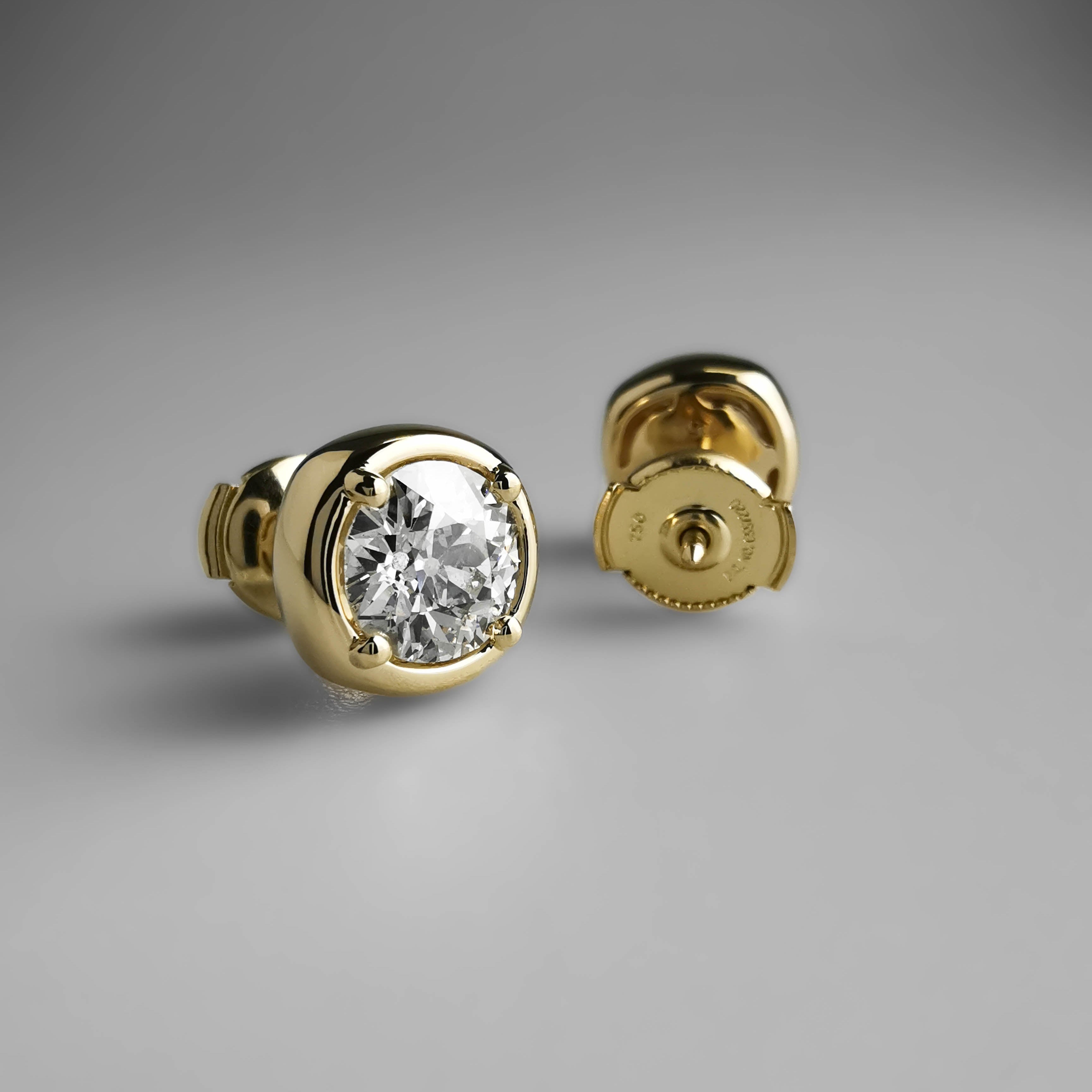 Antique bezel setting round studs yellow gold guardian earbacks
