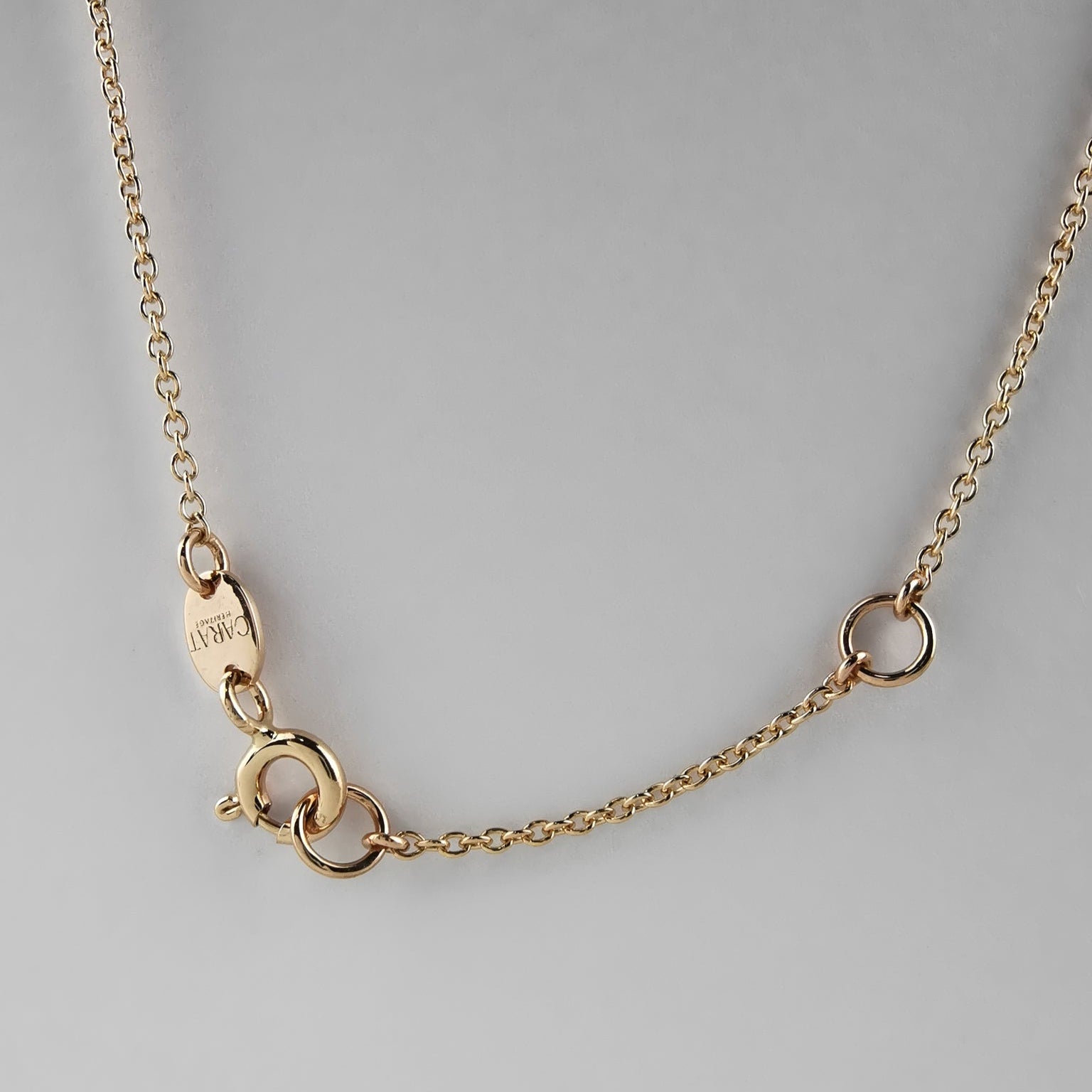 Gold necklace with a clasp on a light gray background
