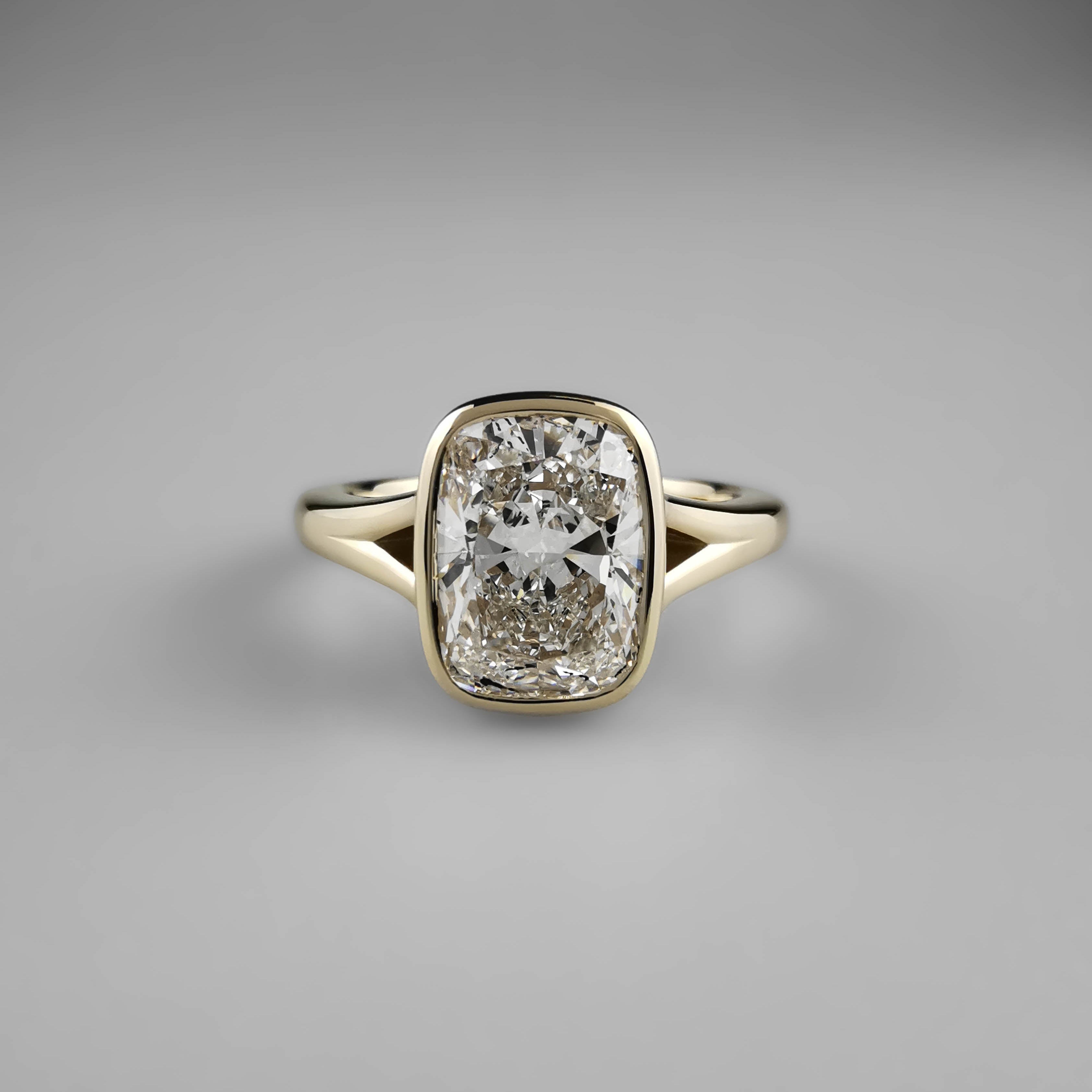 Yellow Gold Cushion Diamond Bezel Ring with Split Shank