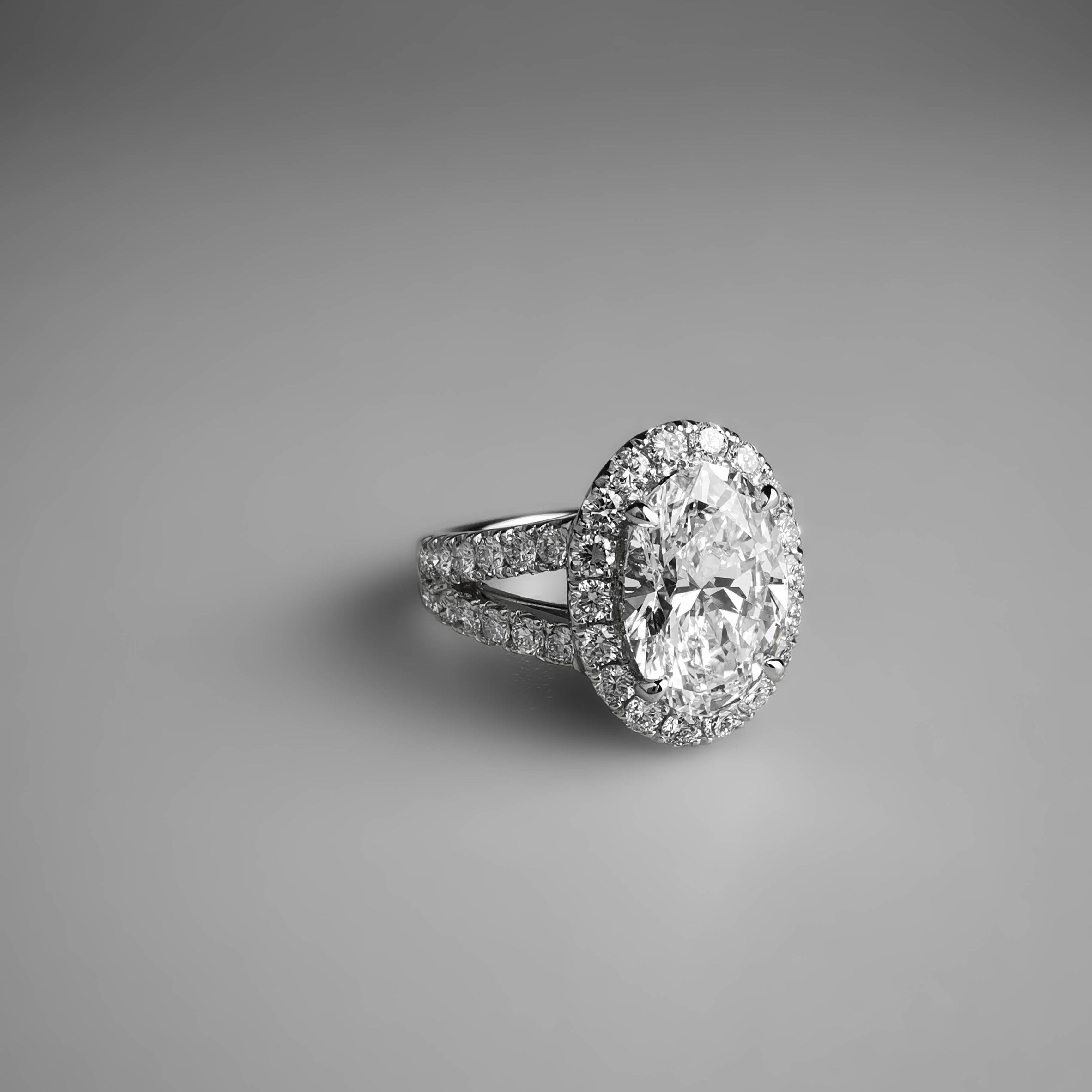 Oval Halo Split Shank Ring 2.5ct side view