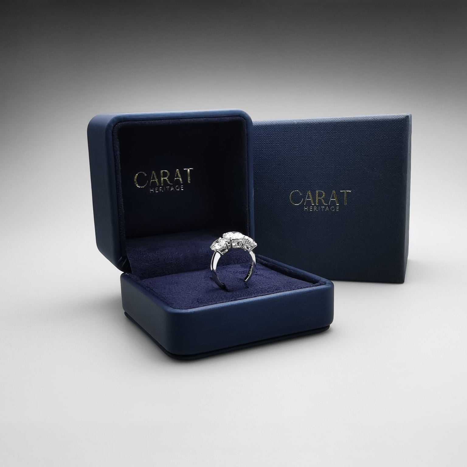 Trilogy diamond ring with Carat Heritage Box for proposal and engagements
