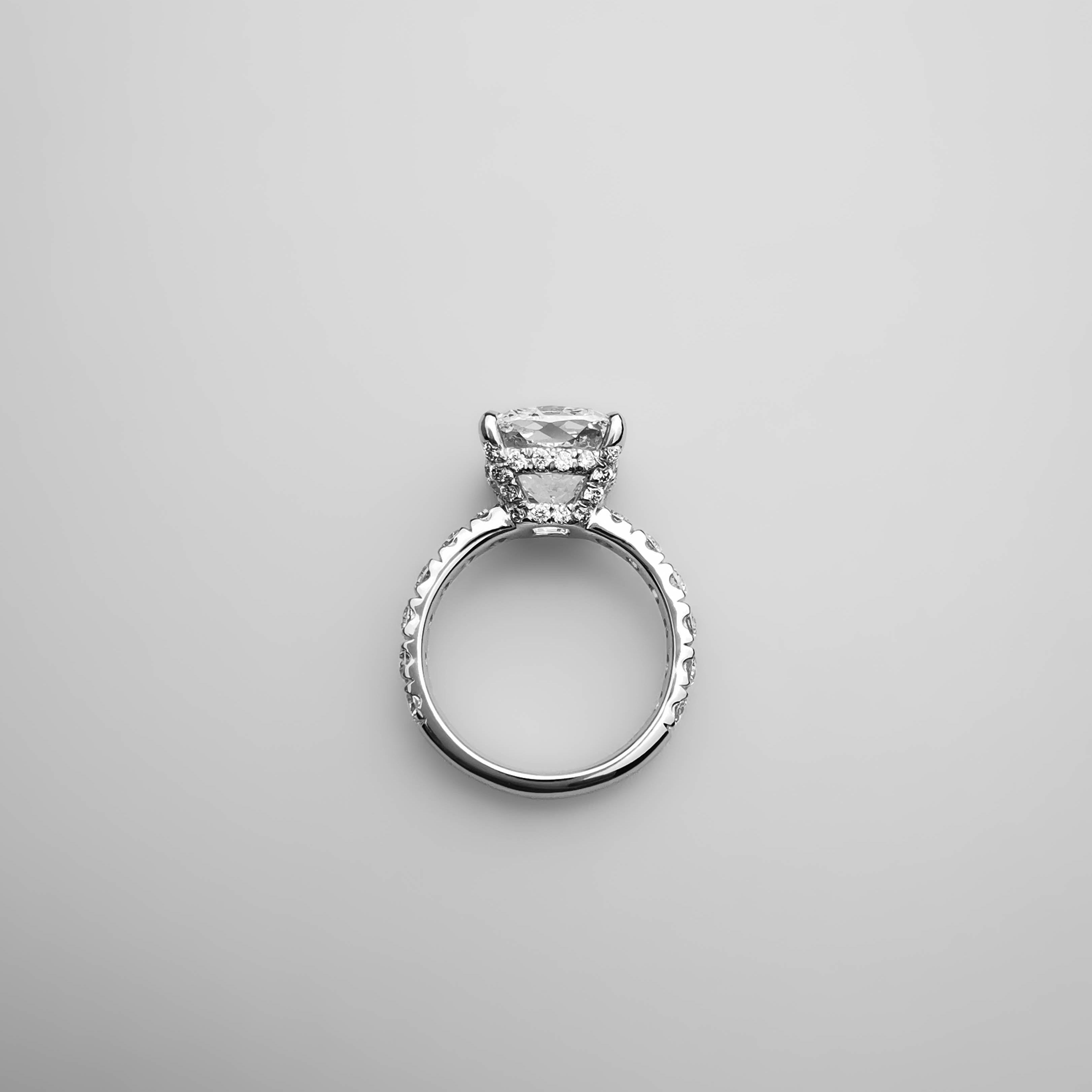 4.5carat cushion diamond ring side view with hidden halo