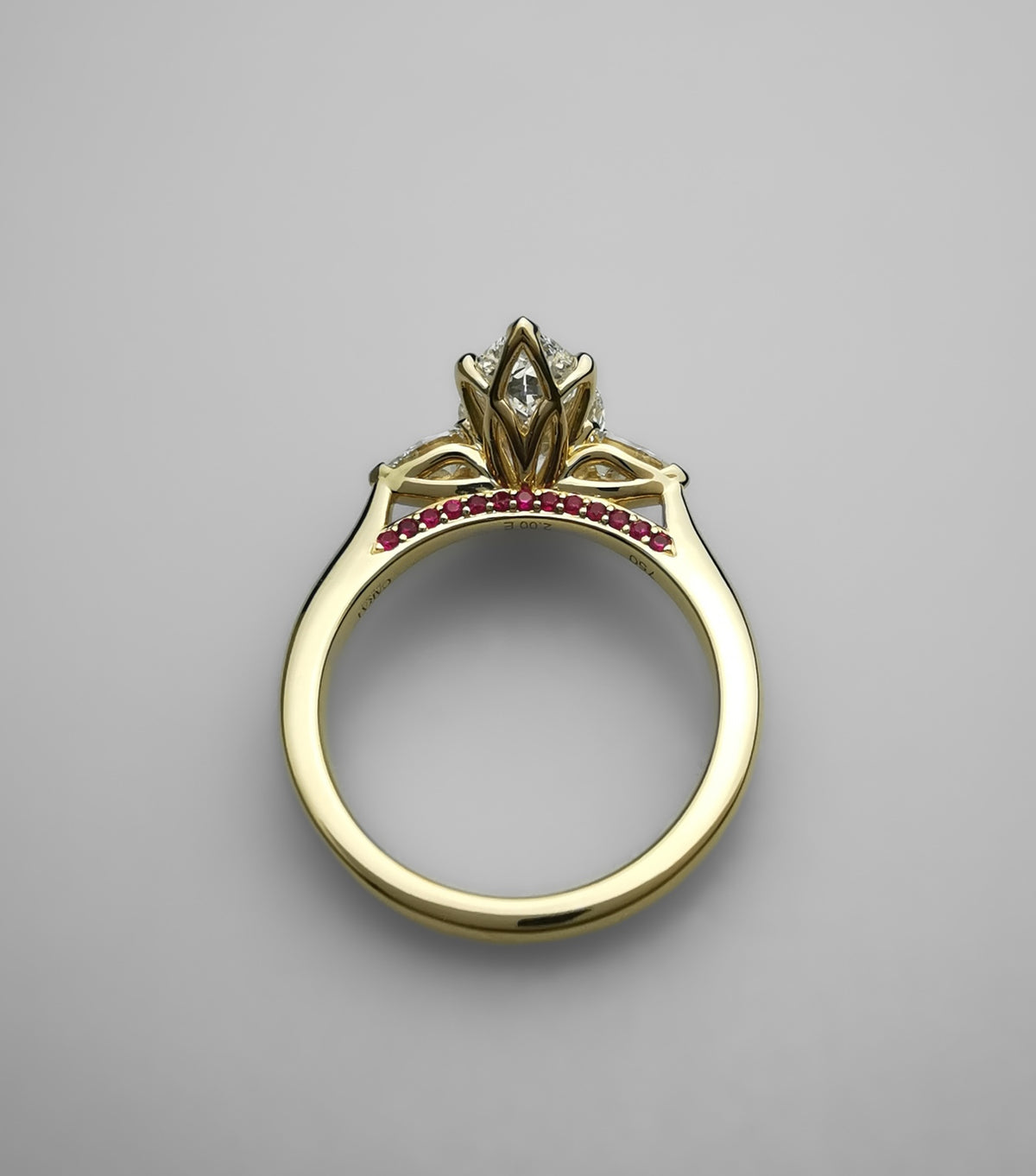 Tulip prong with rubies on bridge - custom ring - yellow gold. diamond