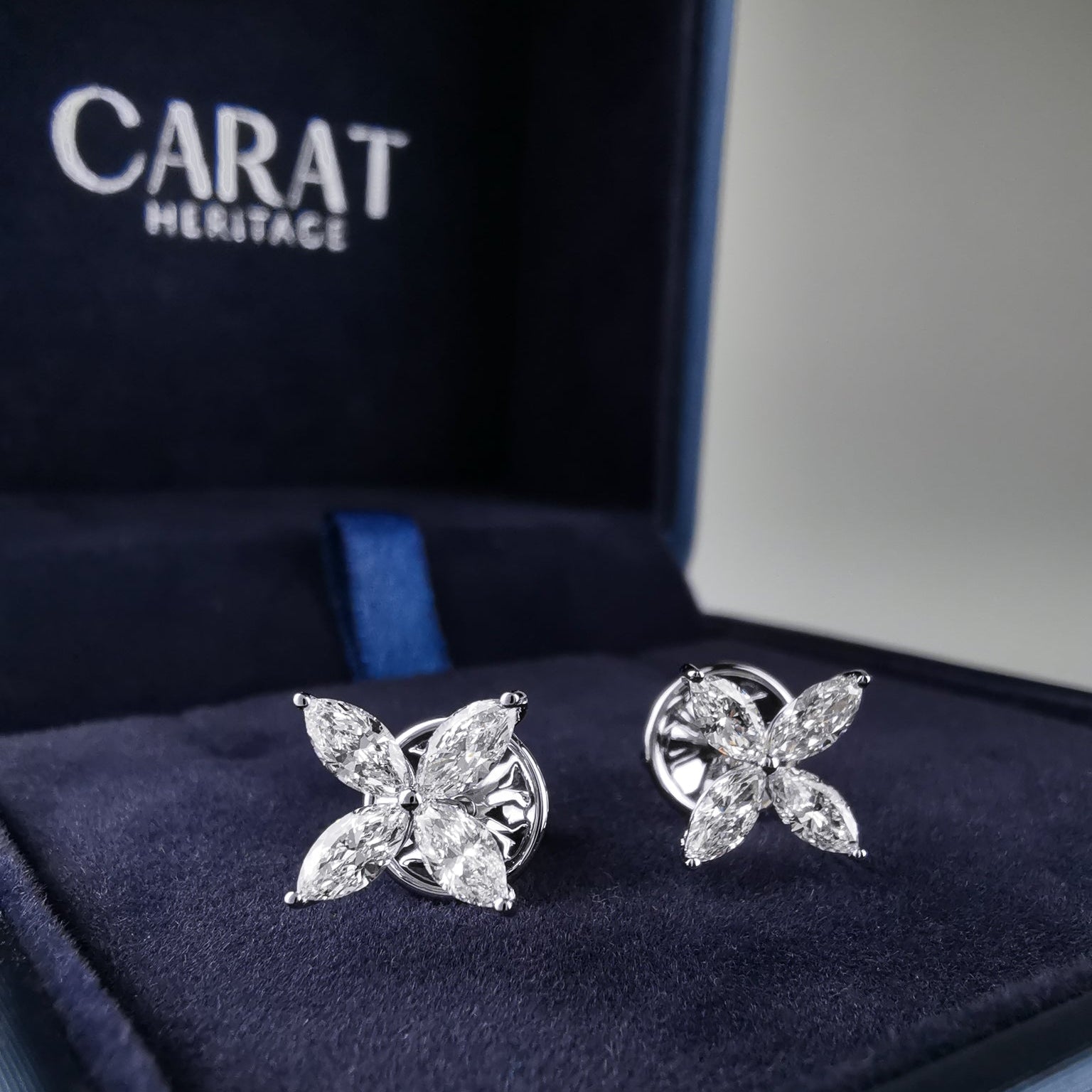 Marquise diamond flower shaped ear studs