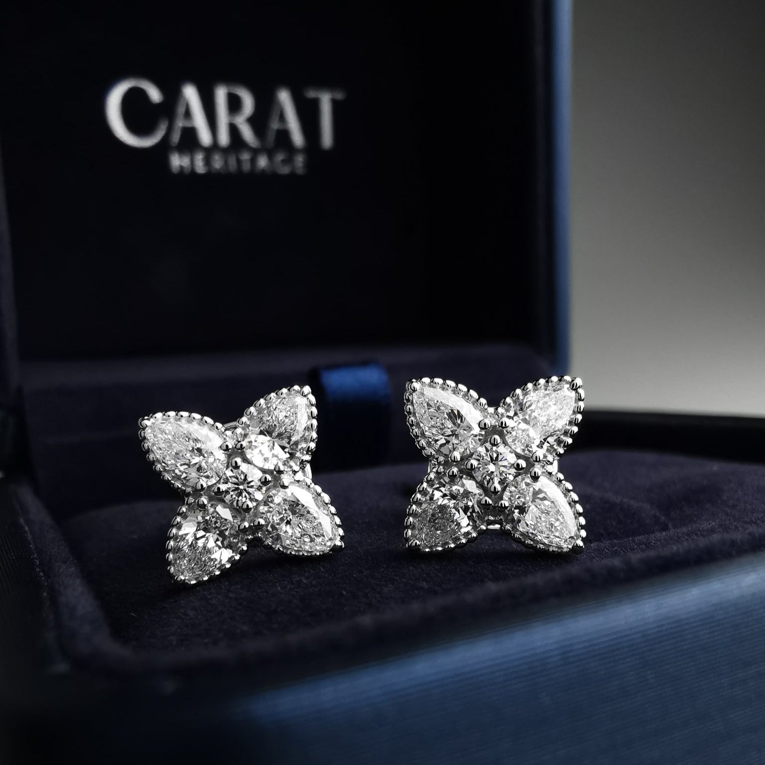 Diamond flower ear studs pear shaped