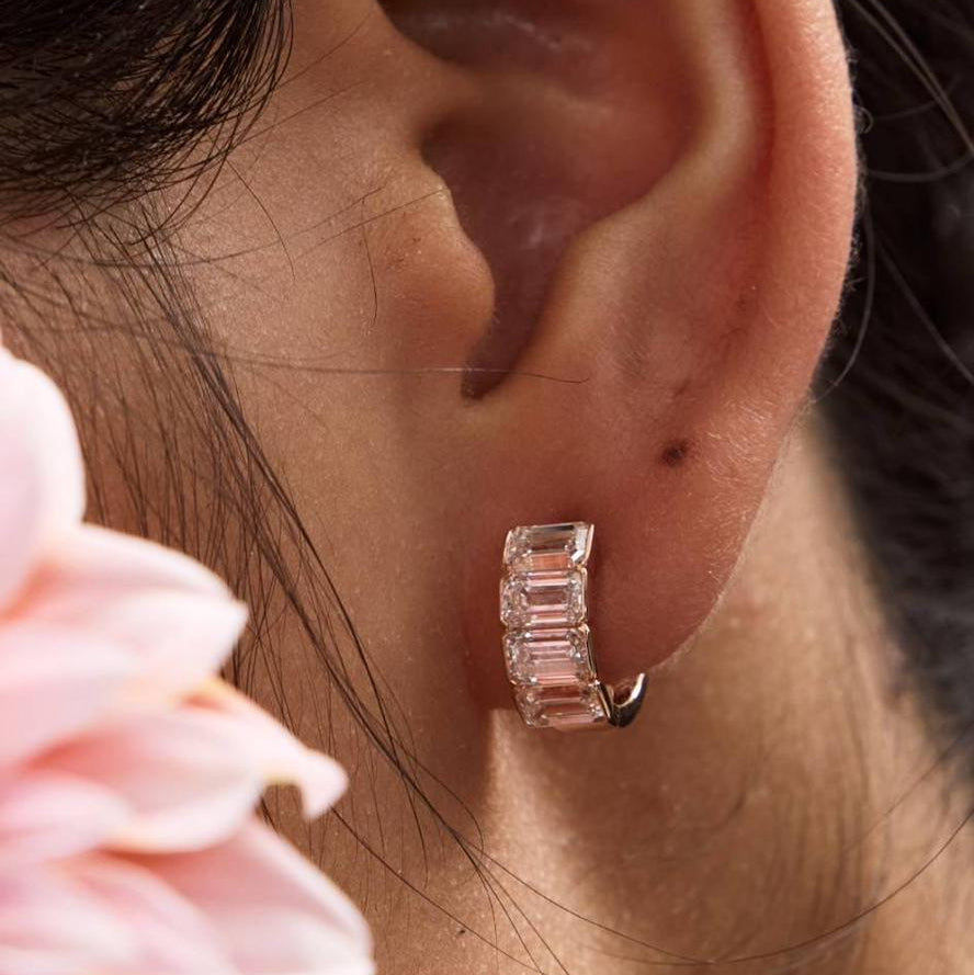 Emerald Huggies Earrings Rose Gold Diamond on Ear