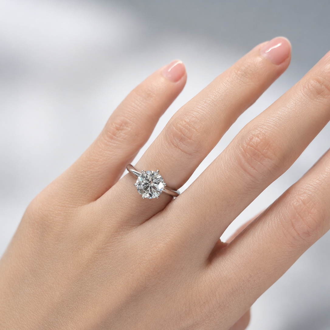 2 carat round diamond ring on hand in classic knife edge setting
