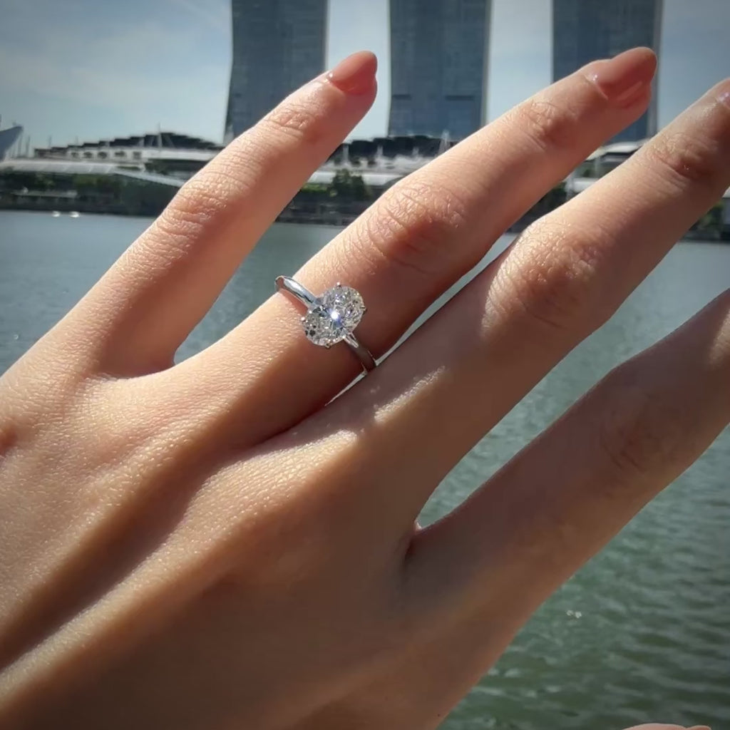 Oval Solitaire Diamond Ring with Hidden Halo 